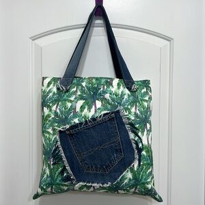 Handmade Green and Blue Tropical Tote Bag with Recycled Denim Accents